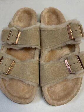 Birkenstock Arizona Shearling Nude Suede Leather Narrow Width Sandals